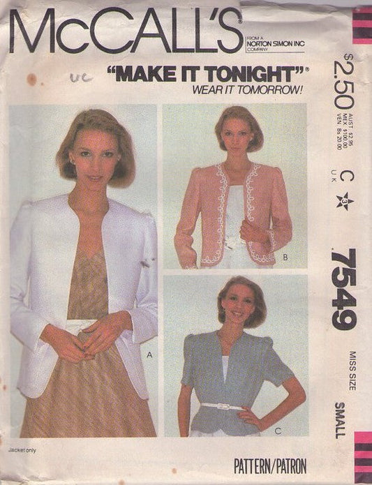 McCall's 7549 Vintage 80's Sewing Pattern Jackets, Novelty Trim, Make it Tonight Clutch Suit Jacket or Coverup Set, 3 Styles Size S