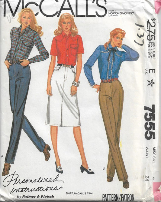 McCall's 7555 Vintage 80's Sewing Pattern Western Look Pants, Denim Jeans or Skirt, Fly Front, 3 Styles Size 8