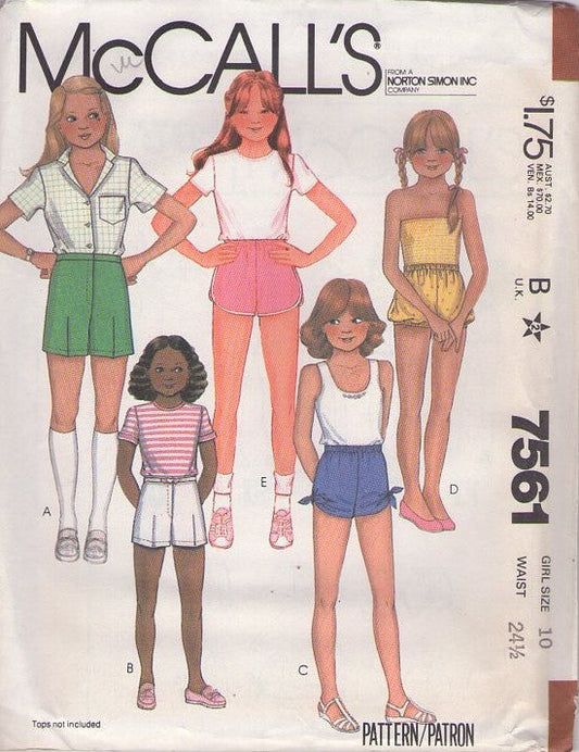 McCall's 7561 Vintage 80's Sewing Pattern Girls' Shorts Set, Bubble or Tied Edge, Gym Style Banded, Fly Front Shorts Set, 5 Styles Size 10