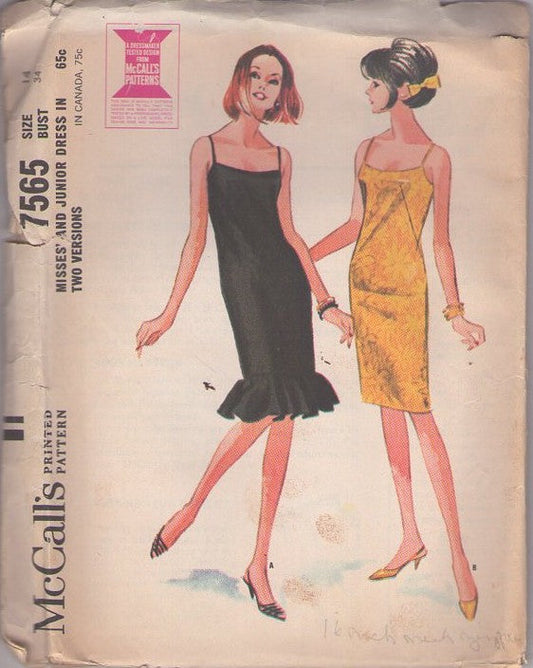 McCall's 7565 Vintage 60's Sewing Pattern Mod Party Dresses, Twiggy Strappy Fitted Sheath Cocktail Party Dress, Wiggle Hem Ruffle or Straight 2 Styles Size 14