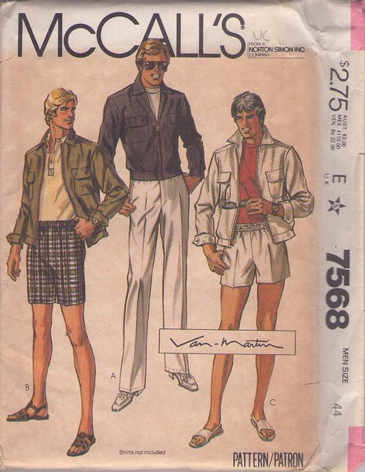 McCall's 7568 Vintage 80's Sewing Pattern Mens' Separates, Van Martin Members Only Style Zip Up Short Jacket, Tennis or Walking Shorts, Fly Front Slacks Size 44 L XL