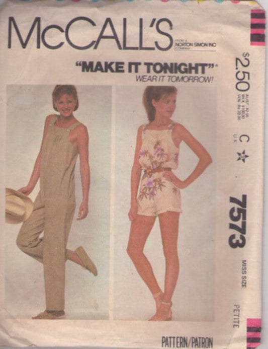 McCall's 7573 Vintage 80's Sewing Pattern Jumpsuits, Make It Tonight Wear It Tomorrow New Wave Shoulder Straps Romper, Jumpsuit, Coveralls Size P