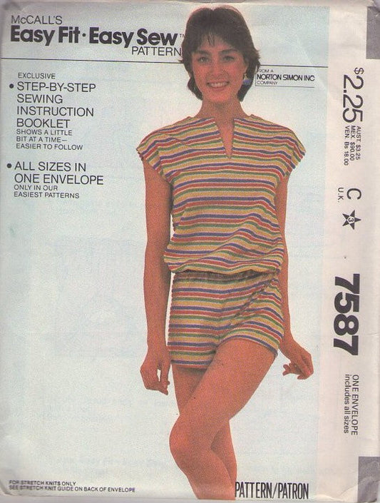 McCall's 7587 Vintage 80's Sewing Pattern Top & Shorts, Easy Fit Easy Sew Cap Sleeve Tshirt, Bloused Top & Old School Short Shorts Size P-S-M