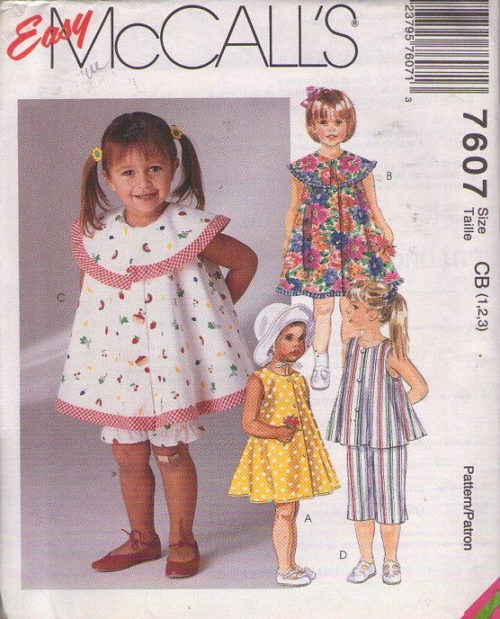 McCall's 7607 Retro 90's Sewing Pattern Girls' Dress, Oversized Modest Platter Collar, Capri Pants or Bloomers Panties Size 1-3