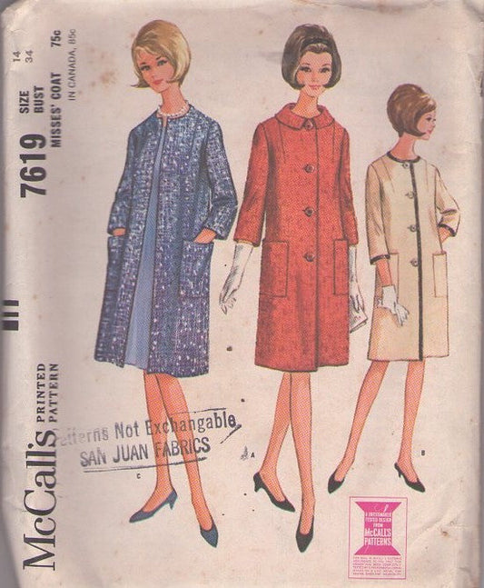 McCall's 7619 Vintage 60's Sewing Pattern Retro Coats, Jackie O Single Breasted Winter Coat, Clutch or Buttons Size 14