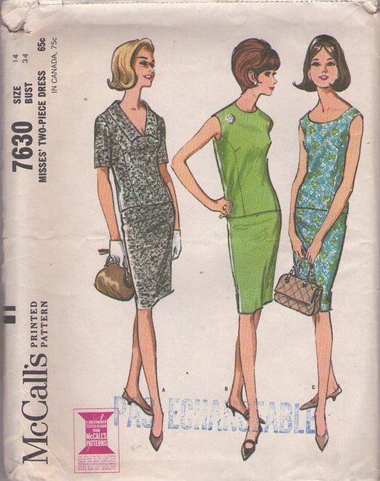 McCall's 7630 Vintage 60's Sewing Pattern Mod 2 Piece Suit Dress, Princess Seams Blouse Top, Slim Sheath, Pencil Skirt Size 14