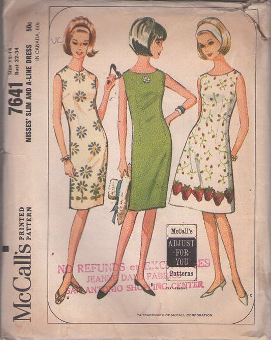 McCall's 7641 Vintage 60's Sewing Pattern Mod Dresses, Mad Men Dart Fitted Sheath Dress, Novelty Fabric, Border Print A-Line Day Dress Size 12-14