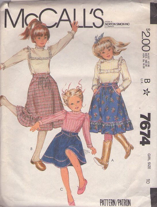 McCall's 7674 Vintage 80's Sewing Pattern Girls' Skirts, Tops, Western Prairie Look Square Yoked Lace Trim Blouse, Flounced Skirt, Mix & Match Size 10