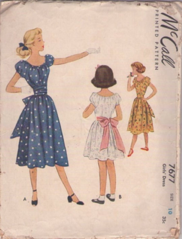 McCall's 7677 Vintage 40's Sewing Pattern Girls' Modest Swing Era Dress, Puff Sleeve Peasant Party Styles Size 10