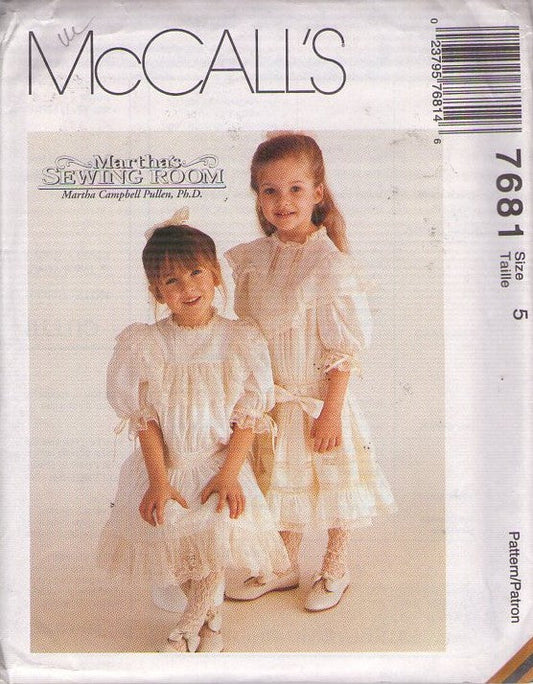 McCall's 7681 Retro 90's Sewing Pattern Girls' Formal Dress, Martha's Sewing Room, Victorian, Modest Wedding Dress, Drop Waist, Sheer & Lace Trim, 2 Styles with Petticoat Size 5