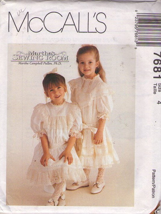 McCall's 7681 Retro 90's Sewing Pattern Girls' Formal Dress, Martha's Sewing Room, Victorian, Modest Wedding Dress, Drop Waist, Sheer & Lace Trim, 2 Styles with Petticoat Size 4
