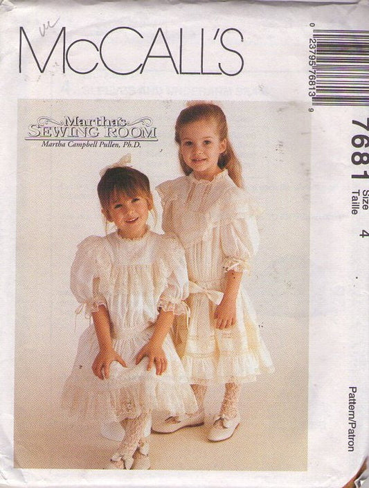 McCall's 7681 Retro 90's Sewing Pattern Girls' Formal Dress, Martha's Sewing Room, Victorian, Modest Wedding Dress, Drop Waist, Sheer & Lace Trim, 2 Styles with Petticoat Size 4