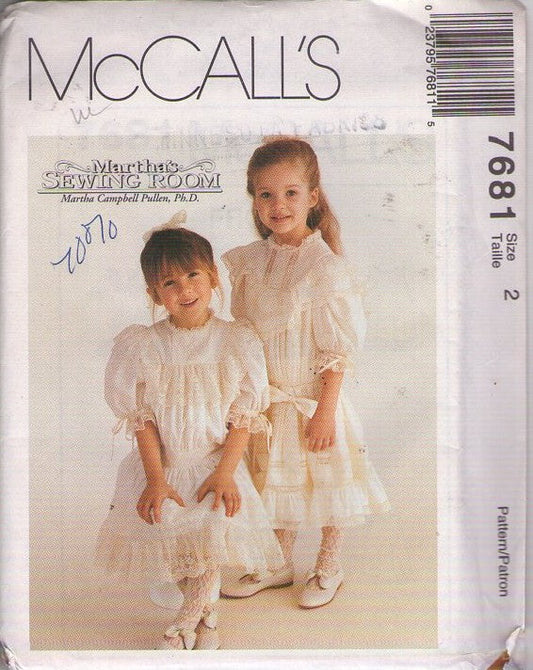 McCall's 7681 Retro 90's Sewing Pattern Girls' Formal Dress, Martha's Sewing Room, Victorian, Modest Wedding Dress, Drop Waist, Sheer & Lace Trim, 2 Styles with Petticoat Size 2