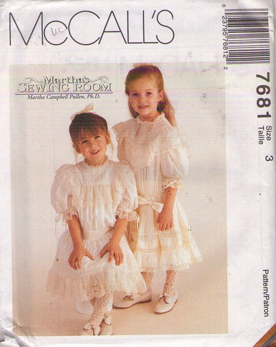 McCall's 7681 Retro 90's Sewing Pattern Girls' Formal Dress, Martha's Sewing Room, Victorian, Modest Wedding Dress, Drop Waist, Sheer & Lace Trim, 2 Styles with Petticoat Size 3