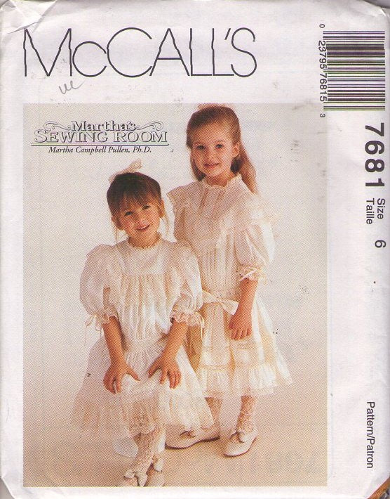 McCall's 7681 Retro 90's Sewing Pattern Girls' Formal Dress, Martha's Sewing Room, Victorian, Modest Wedding Dress, Drop Waist, Sheer & Lace Trim, 2 Styles with Petticoat Size 6