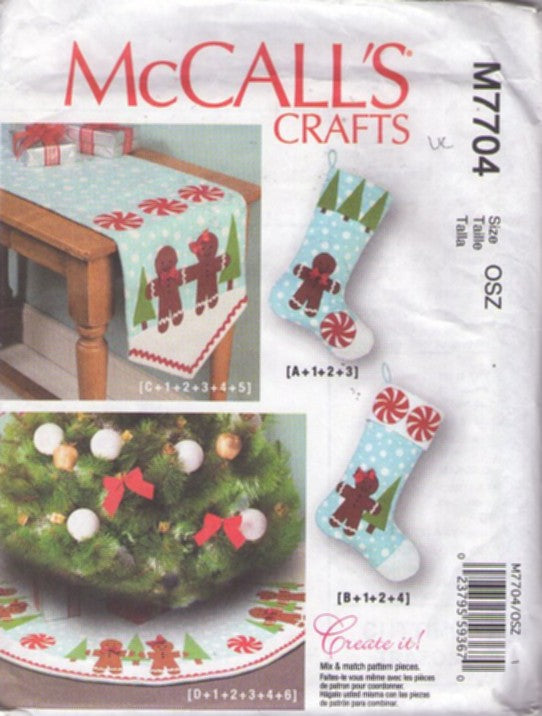McCall's 7704 Retro 2017 Sewing Pattern Holiday Crafts, Christmas Gingerbread Men Motif, Stockings, Table Runner, Tree Skirt One Size