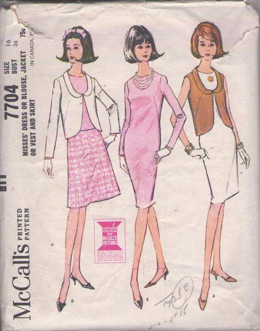 McCall's 7704 Vintage 60's Sewing Pattern Mod Separates, Rockabilly Pinup Dart Fitted Sheath Dress, Flat Collar Scoop Neck Vest or Jacket Cover Up Size 16