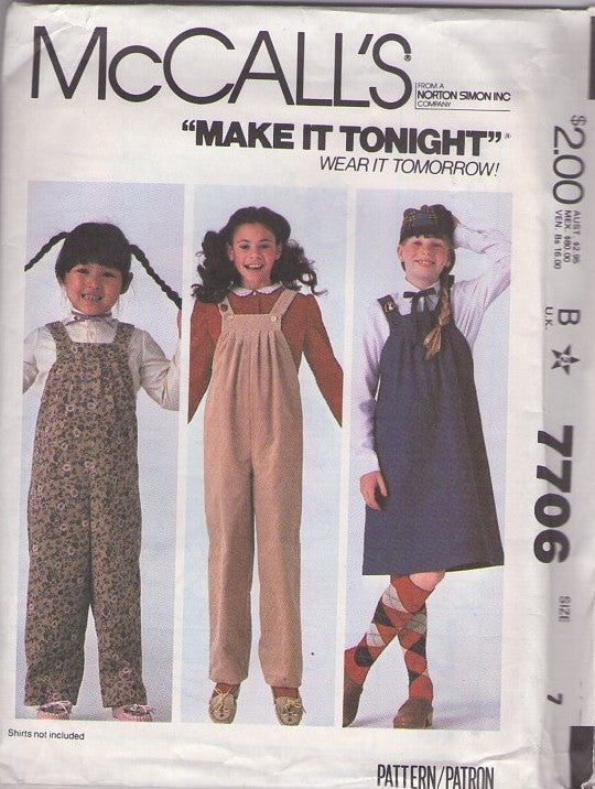 McCall's 7706 Vintage 80's Sewing Pattern Girls' School Separates, Make it Tonight, New Wave Grunge Era Button Strap Jumpsuit, Jumper, Dress Size 7