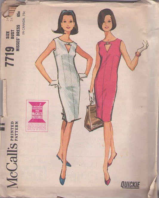 McCall's 7719 Vintage 60's Sewing Pattern Mod Dress Set, Mad Men Quickie Peekaboo, Triangle Cut Out Slim Fit Sheath Party Dress Size 14