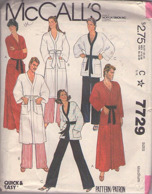 McCall's 7729 Vintage 80's Sewing Pattern Easy Unisex Wrap Front Bathrobe, Robe, Karate Uniform, Pajamas, Pants, House Coat Size M