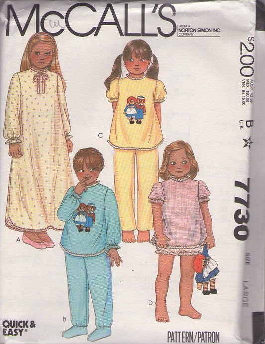 McCall's 7730 Vintage 80's Sewing Pattern Pre Teen Girls' PJs, Raggedy Ann & Andy Iron On Transfer Pajamas Top, Pants, Bloomers, Nightgown Size L
