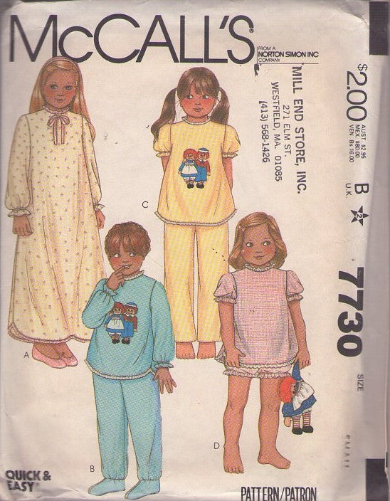 McCall's 7730 Vintage 80's Sewing Pattern Pre Teen Girls' PJs, Raggedy Ann & Andy Inon On Transfer Pajamas Top, Pants, Bloomers, Nightgown Size S