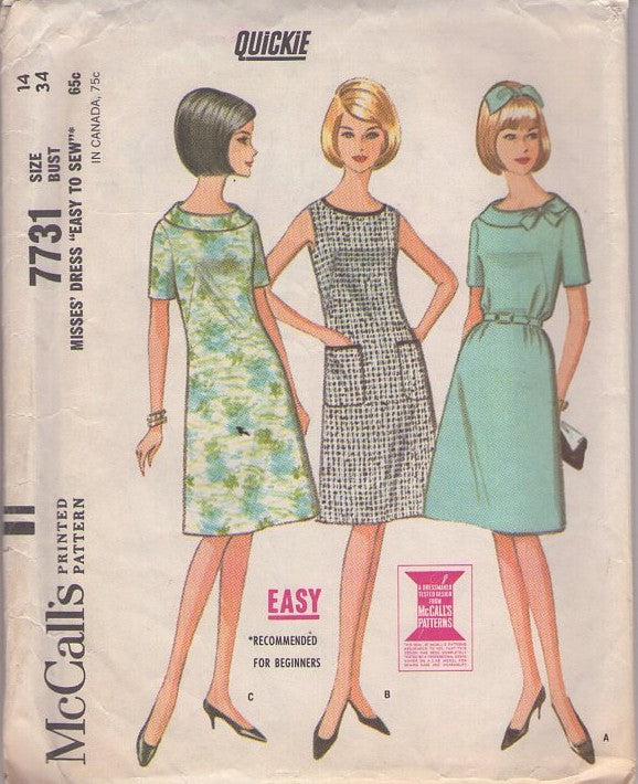 McCall's 7731 Vintage 60's Sewing Pattern Mod Dress Set, Easy Quickie Fit & Flared Day Dress, Shift Dress, 3 Styles Size 14