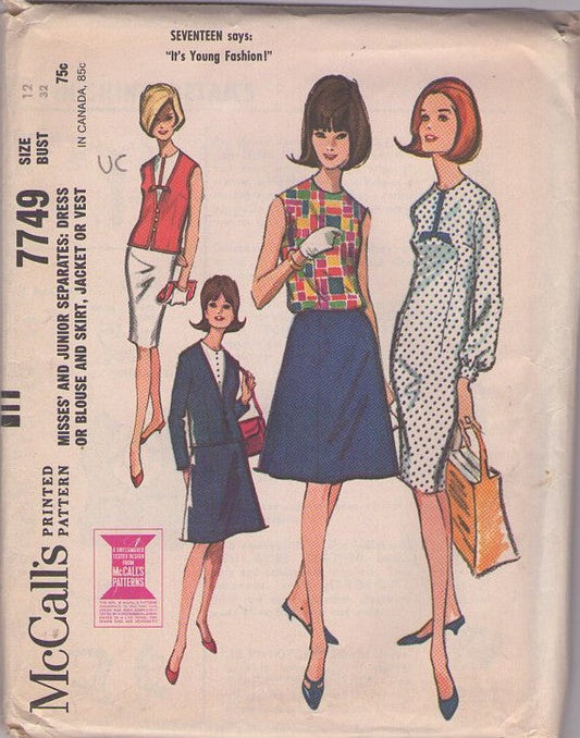 McCall's 7749 Vintage 60's Sewing Pattern Mod Separates, Seventeen Says Young Fashion Top, Slit Neck Sheath Dress, Skirt & Jacket or Vest Size 12