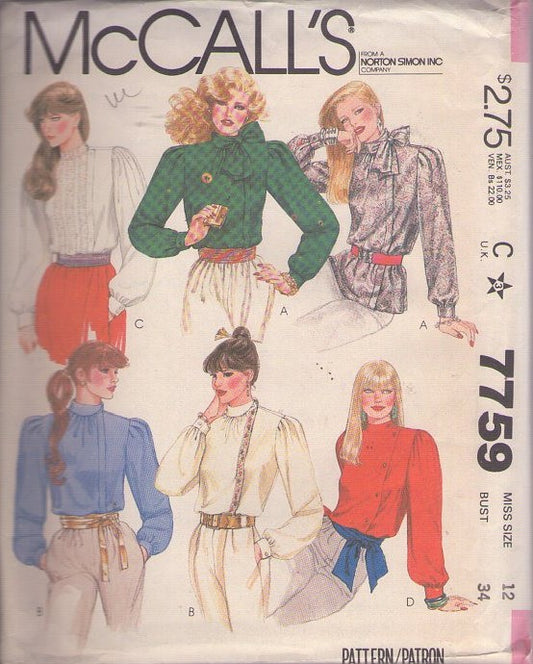 McCall's 7759 Vintage 7759 Vintage 80's Sewing Pattern Secretary Blouse Set, Victorian, Pleats, Lace, Ascot, Asymmetric Buttons Size 12