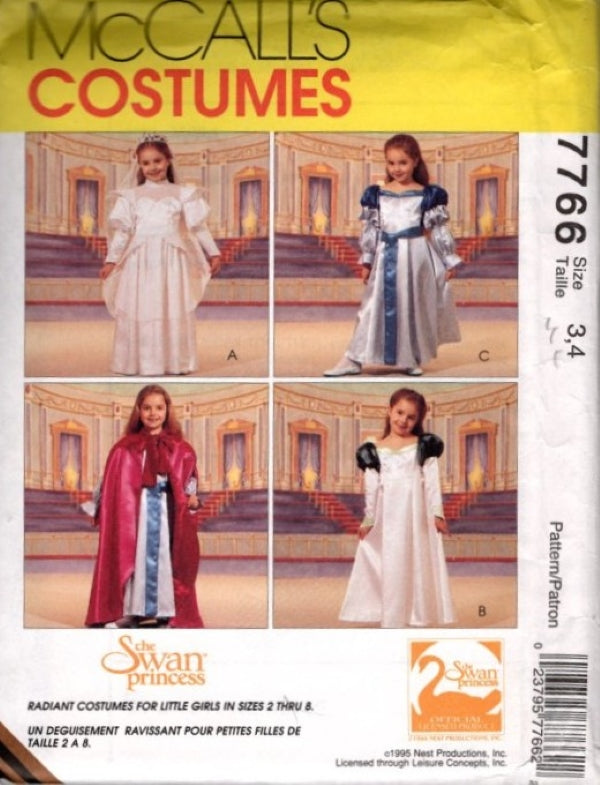 McCall's 7766 Vintage 90's Sewing Pattern Girls' Swan Princess Costume, 4 Medieval Dress Styles, Cape, Gowns Size 3-4