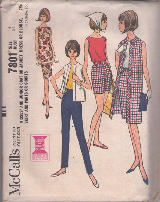 McCall's 7801 Vintage 60's Sewing Pattern Summer Wardrobe, Rockabilly Pinup Bateau Neck Top, Sleeveless Vest, Jacket, Coat, Sheath Dress, Tapered Leg Slacks & Shorts Size 14