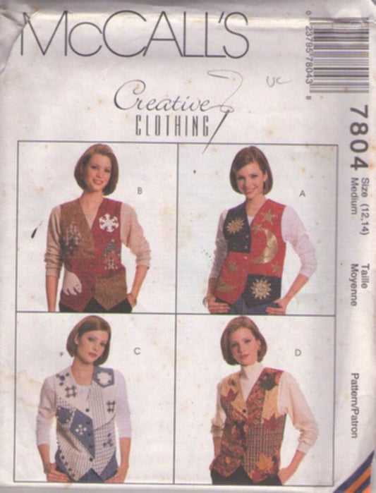 McCall's 7804 Retro 90's Sewing Pattern Vests, Creative Clothing Wearable Art Front Buttoned Vest with Appliques, Winter, Country, Fall, Celestial Size M