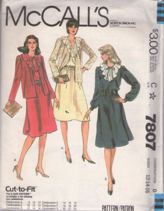 McCall's 7807 Vintage 80's Sewing Pattern Secretary Dress, Jacket, Big Ruffle Neckline Blouson Flared Secretary Dress & Cardigan Jacket Size 12-16