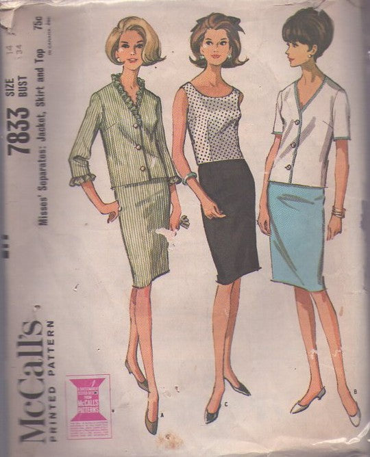 McCall's 7833 Vintage 60's Sewing Pattern Mod Suit Separates, Scoop Neck Topper Blouse, V Neck Cardigan Suit Jacket, Slim Pencil Skirt Size 14