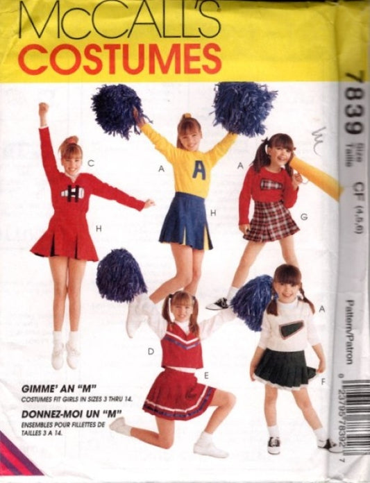 McCall's 7839 Vintage 90's Sewing Pattern Girls' Gimme an M Cheerleader Uniform, Costume, Top, Skirt, Vest Size 4-6