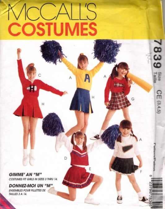 McCall's 7839 Vintage 90's Sewing Pattern Girls' Gimme an M Cheerleader Uniform, Costume, Top, Skirt, Vest Size 3-5