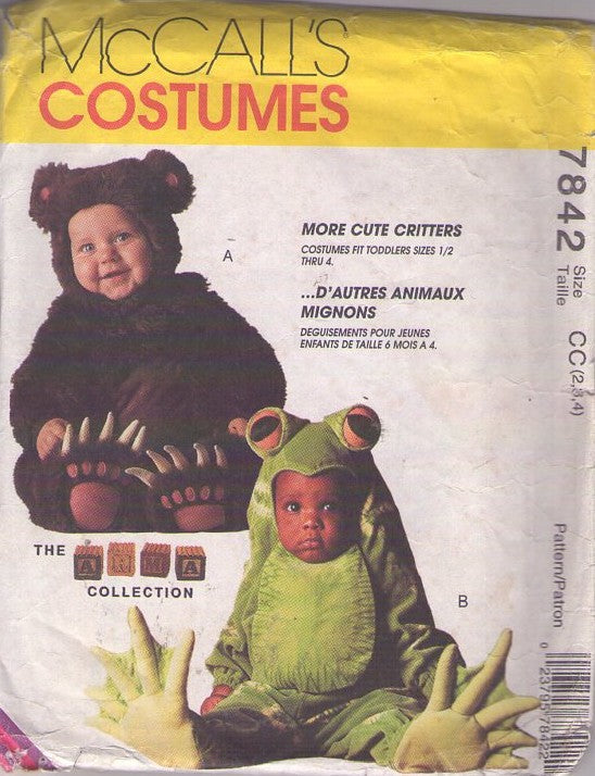 McCall's 7842 Vintage 90's Sewing Pattern Cute Critters Costumes, The Tom Arma Collection, Teddy Bear, Tree Frog, Jumpsuit & Hood Size 2-4
