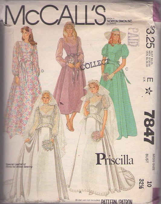 McCall's 7847 Vintage 80's Sewing Pattern Wedding Dress, Priscilla, Princess Seams, Puff or Sheer Lace Sleeve Wedding Gown, Party Formal Dress, Peplum, Pleats, Train 5 Styles Size 10