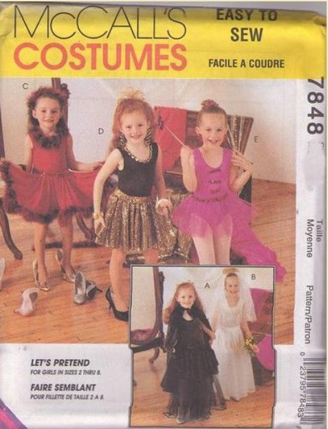 McCall's 7848 Retro 90's Sewing Pattern Ballet Costumes, Girl's Let's Pretend Ballerina Tutu Bodysuit, Saloon Girl Dress, Movie Star, Witch & Bride Gown Size XS