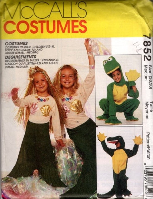 McCall's 7852 Vintage 90's Sewing Pattern Water Dwellers, Halloween Party Costumes, Frog, Alligator Crocodile, Mermaid Dress Size Adult M
