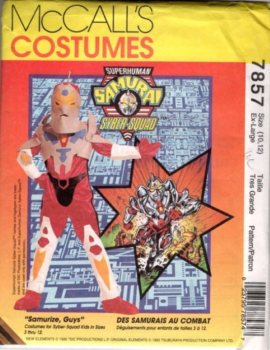 McCall's 7857 Vintage 90's Sewing Pattern Superhuman Samurai Syber Squad Costume, Space Robot Jumpsuit, Hood, Accessories CHILD Size XL 10-12