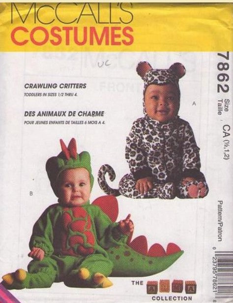 McCall's 7862 Retro 90's Sewing Pattern Animal Costumes, Official Tom Arma Collection Baby Costume Barney Baby Bop Dinosaur, Jungle Cat Jaguar, Leopard Size 2-4