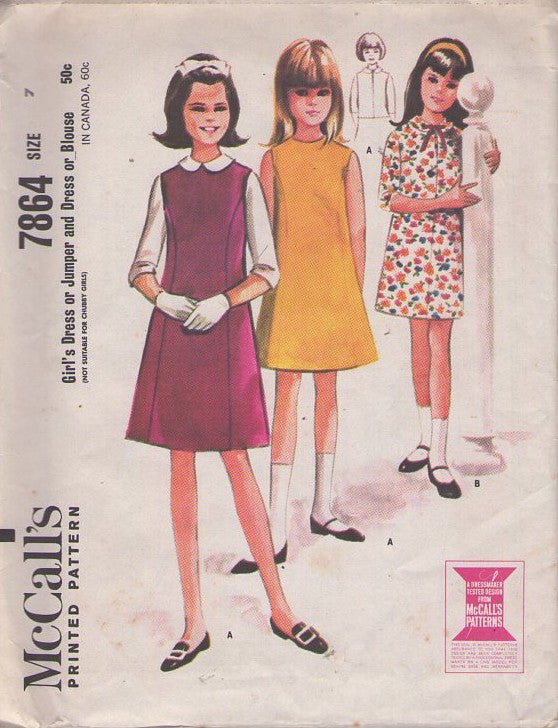 McCall's 7864 Vintage 60's Sewing Pattern Girls' Dress Set, Princess Seams Jumper, School Dress, Blouse Young Jackie O Styles Size 7