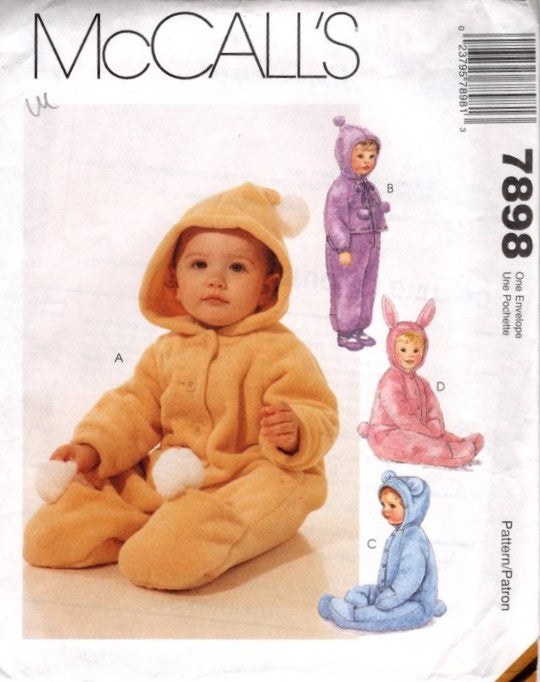 McCall's 7898 Vintage 90's Sewing Pattern Baby Bunting Set, Cozy Footed or Ankle Bands Jumpsuit with Hood OZ