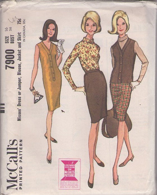 McCall's 7900 Vintage 60's Sewing Pattern Secretary Separates, Mod, Mad Men, Step In Button Front Sheath Dress, Turtle Neck Roll Collar Blouse Top, Slim Pencil Skirt & Vest Jacket Size 16