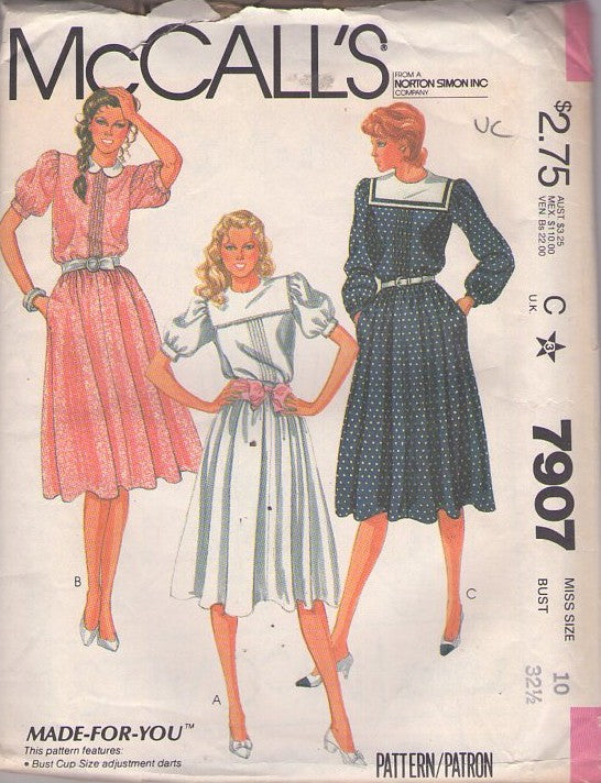 McCall's 7907 Vintage 80's Sewing Pattern Secretary Dress Set, Square Collar, Pin Tucks Flared Skirt Secretary Dress Set, Pockets, 3 Styles Size 10