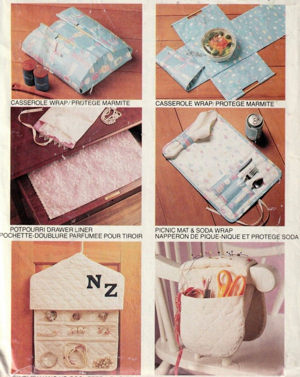 McCall's 791 Vintage 90's Sewing Pattern Home Accessory Gifts and Crafts, Cassarole Wrap, Picnic Mat, Organizers OZ