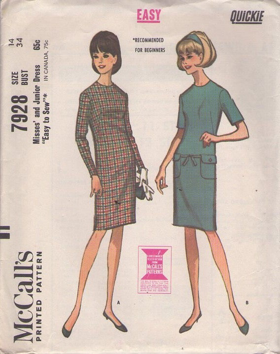 McCall's 7928 Vintage 60's Sewing Pattern Mod Dress Set, French Dart Fitted Slim Sheath Dress, Pockets as Tie Belt Carrier Size 14