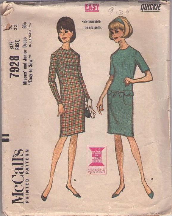 McCall's 7928 Vintage 60's Sewing Pattern Mod Dress Set, French Dart Fitted Slim Sheath Dress, Pockets as Tie Belt Carrier Size 12