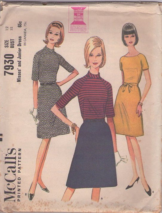 McCall's 7930 Vintage 60's Sewing Pattern Secretary Dress Set, Contrast Top or Same Fabric, Raglan Sleeve Secretary Dress Set 3 Styles Size 12